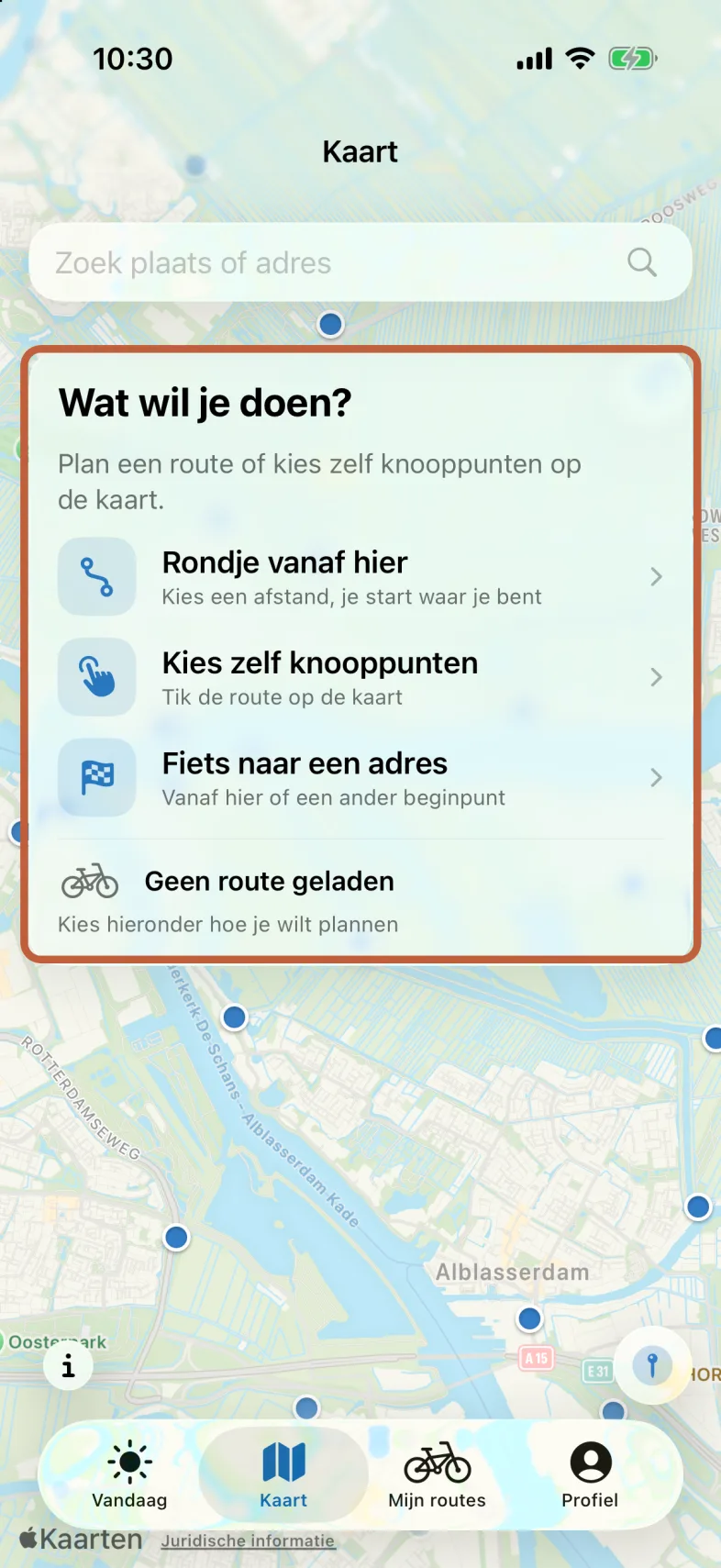 Het tabblad Kaart met knooppunten. Bovenaan, onder het zoekveld, het paneel Wat wil je doen? met drie keuzes om een route te plannen.