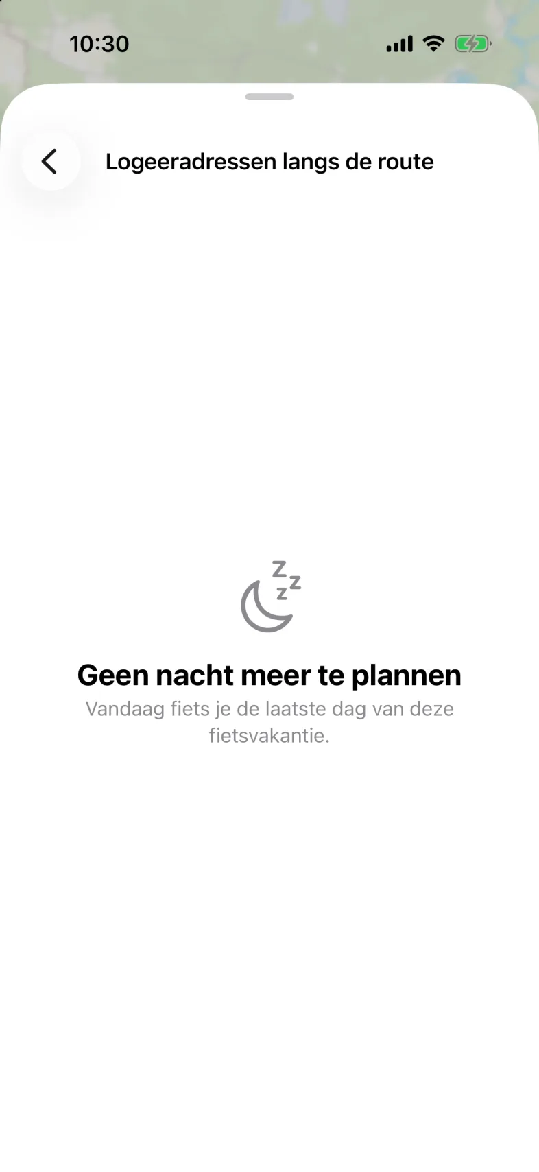 De pagina Logeeradressen langs de route op de laatste dag van een fietsvakantie, met de melding Geen nacht meer te plannen.