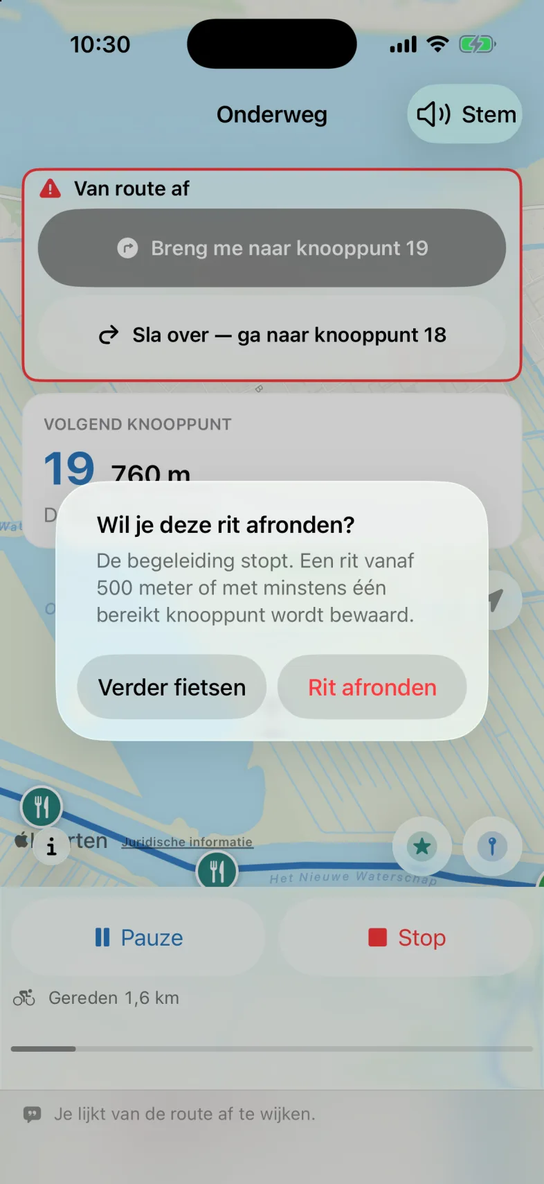 De vraag Wil je deze rit afronden? met de knoppen Rit afronden en Verder fietsen.